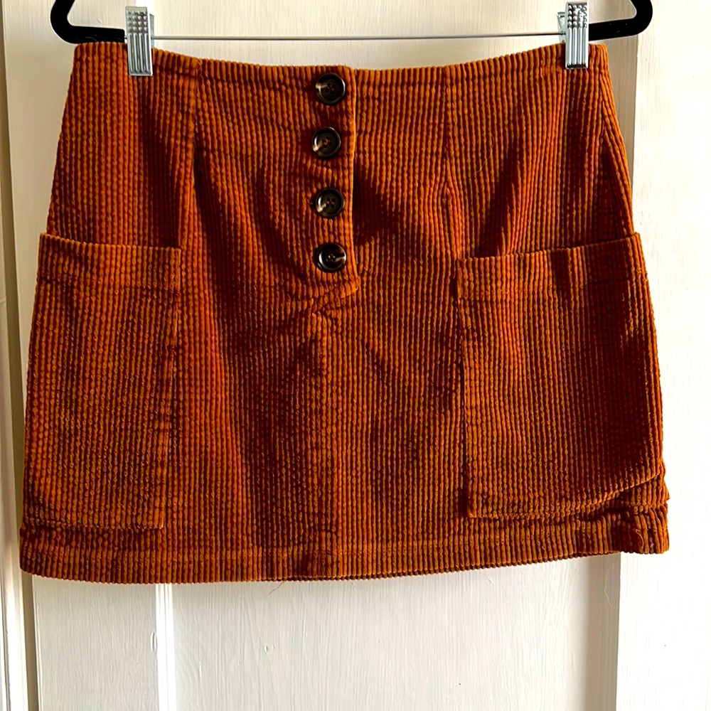 Lumiere Burnt Orange Corduroy Mini Skirt with Tortoise Shell buttons  & pockets
